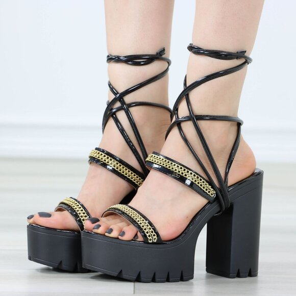 Black Open Toe Block Chunky High Heel Sandals Gold Chain Ankle Strap Ties Laces - Picture 13 of 14